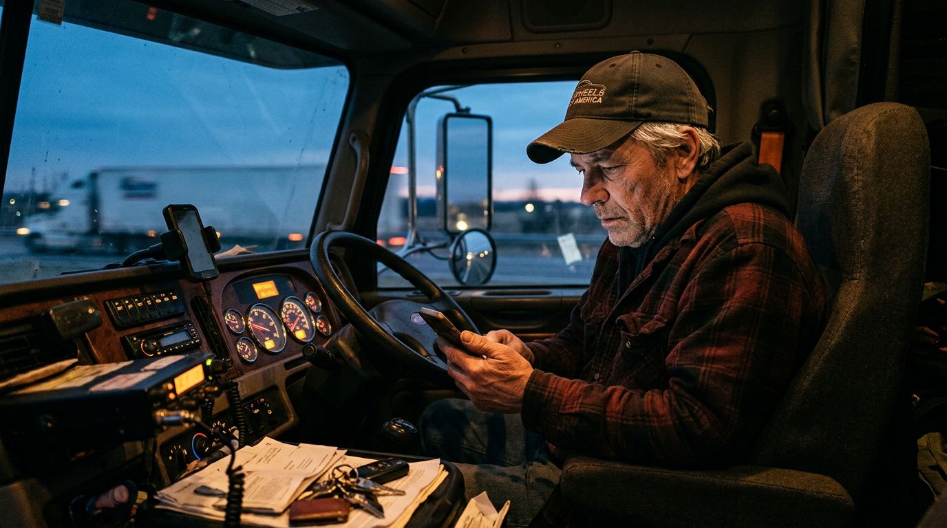 Owner-operator in his cab at dusk reading a broker rejection on his phone